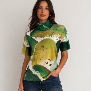 The Kit Bamboo Cotton Asian Landscape Print Turtleneck Top M